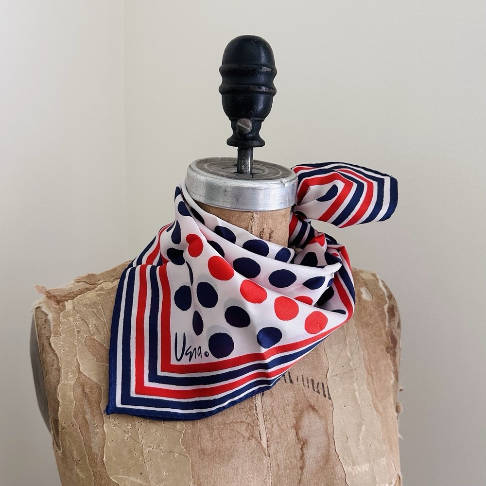 Vintage Vera Scarf Mod Red Blue Polka Dots Japan 100% Acrylic 22" Square‎